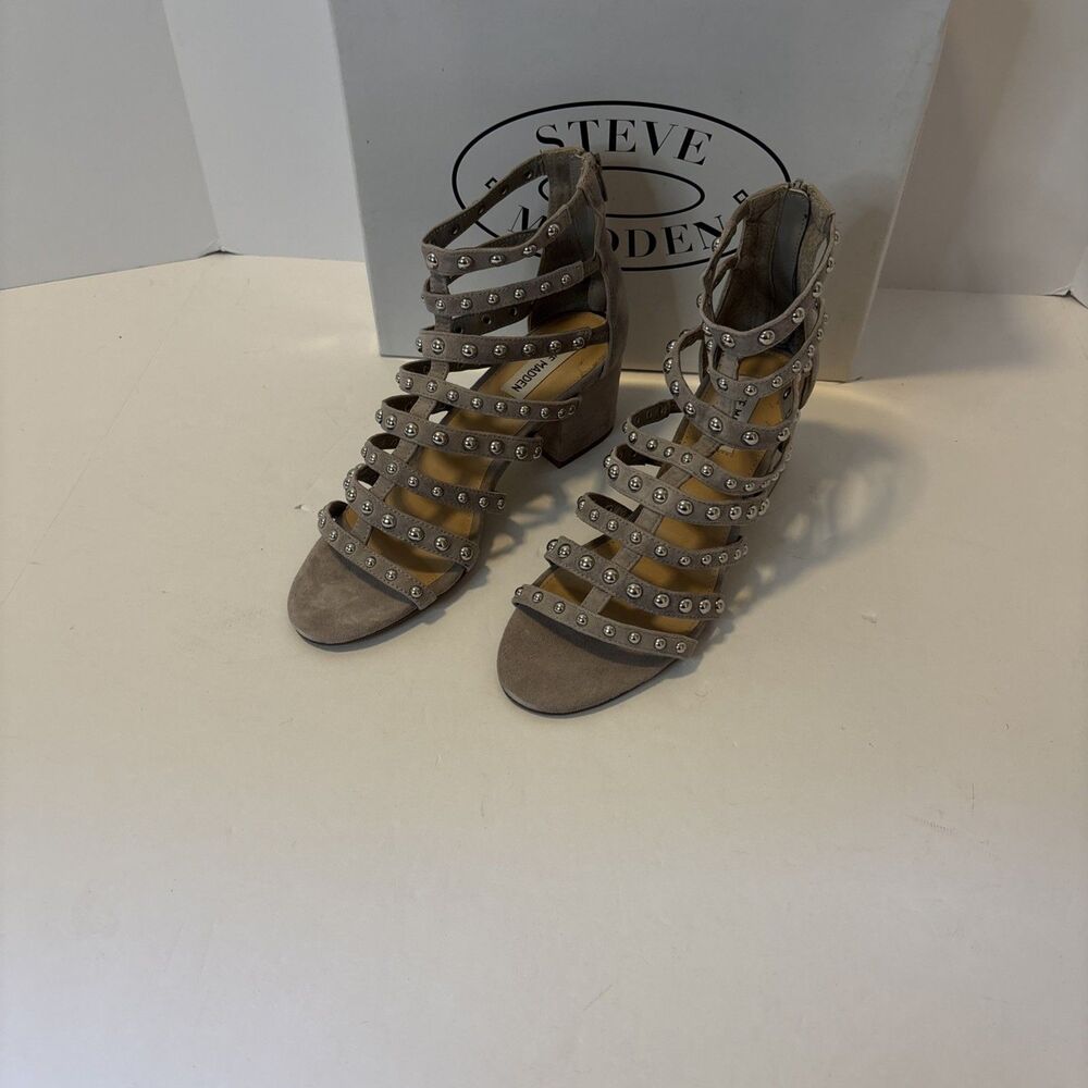 Steve Madden Mania Sandals Womens 6M Grey Studded Gladiator Block Edgy Y2K